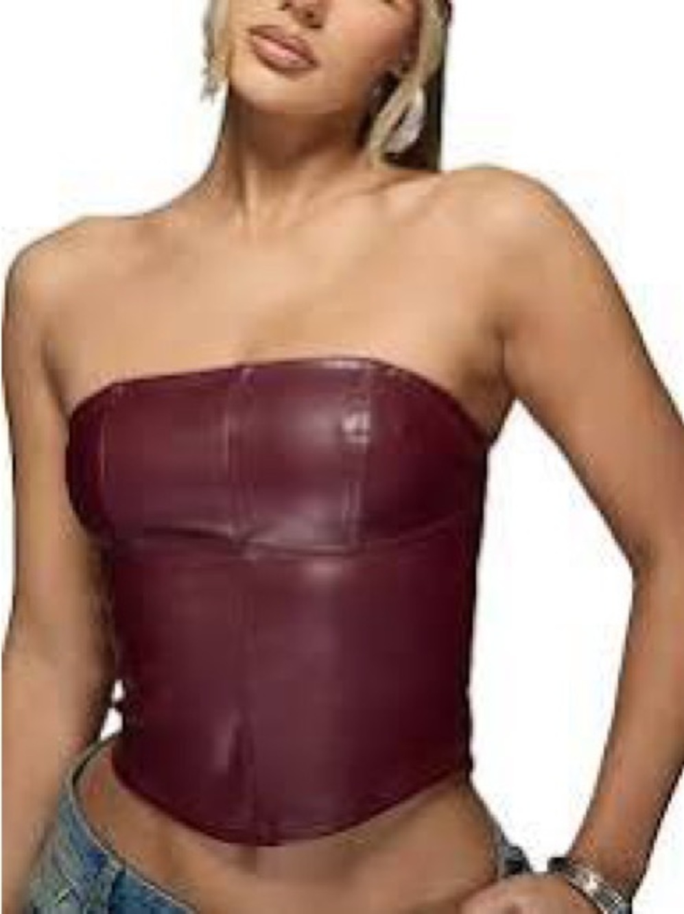 Strapless Faux-Leather Corset Crop Top in Burgundy